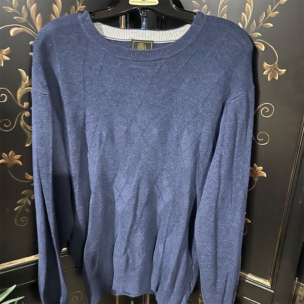 FX Fusion Men's M Blue Argyle Crew Neck Pullover Sweater Casual